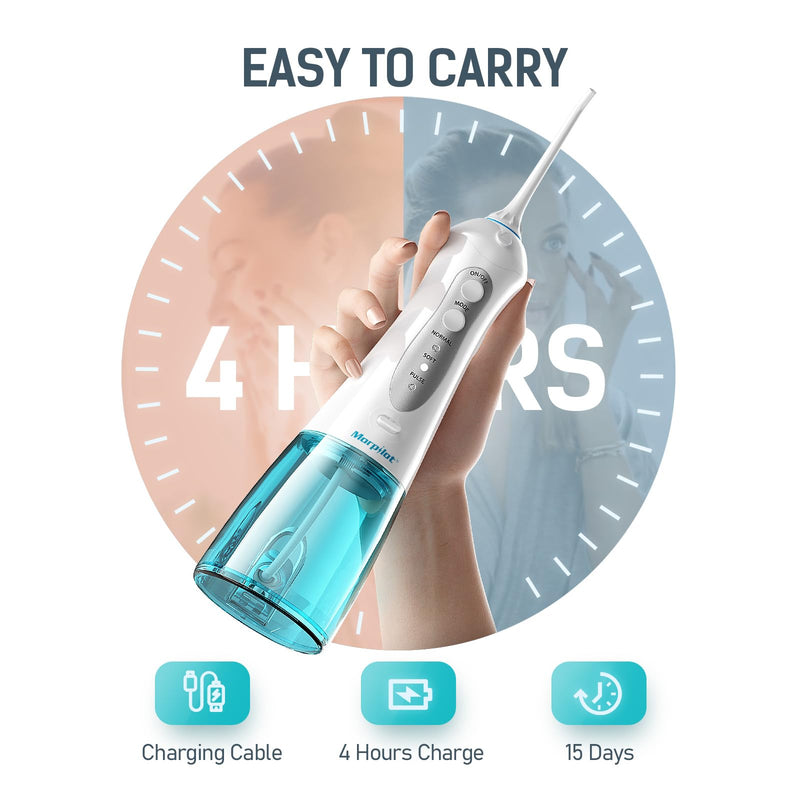 morpilot Portable Cordless Professional 3 Modes Oral Irrigator with 5 Nozzles 1 Tongue Cleaner IPX7 Waterproof Teeth Cleaning 300ml for Travel Home Use
