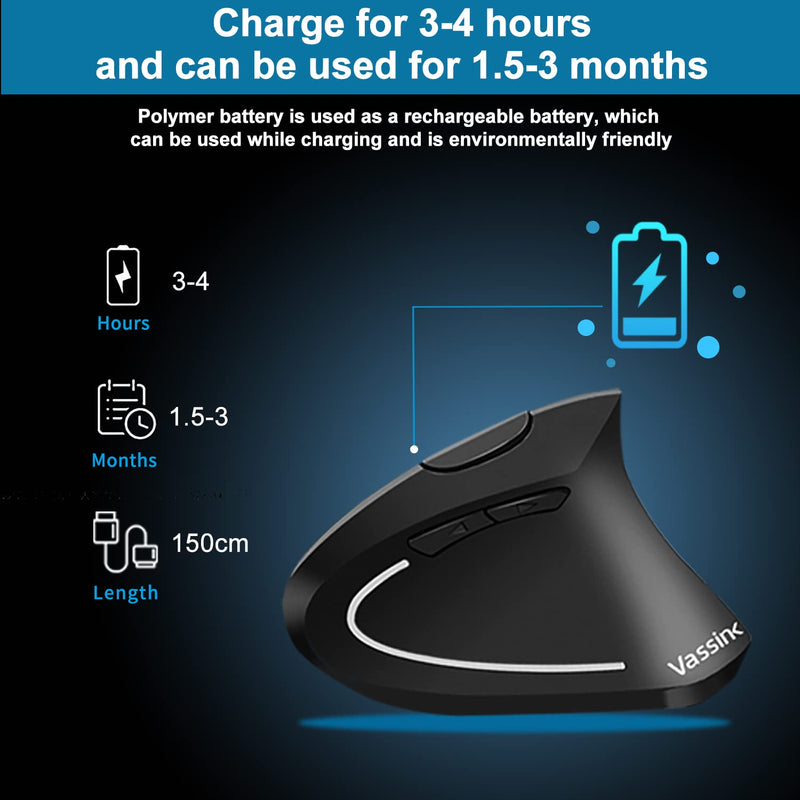 Vassink Wireless Mouse Ergonomic Mouse Rechargeable Vertical Optical Mice with USB Receiver, 6 Buttons 2.4GHz Adjustable DPI 800/1200/1600 for PC Computer,Laptop,etc（Black） Black2