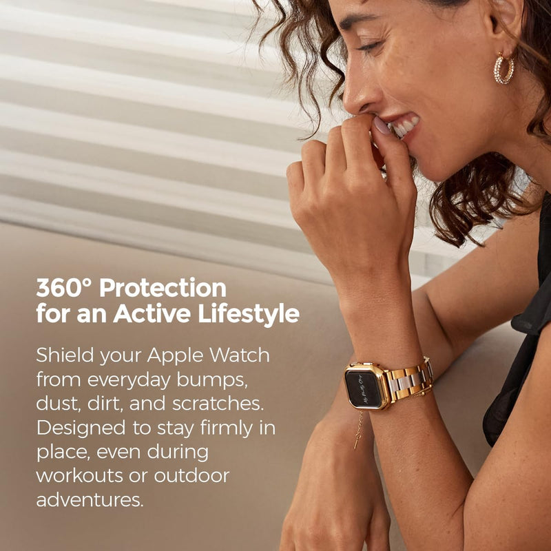 My Pretty Strap Gold Apple Watch Band & Glossy XOXO Protective Case Bundle – Elegant Stainless Steel Strap & Luxury Metal Cover for Apple Watch Series 1-11, SE & Ultra (46MM) Honeycomb