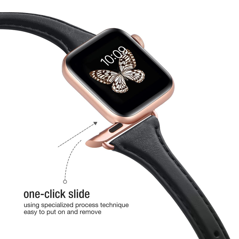 Slim Apple Watch Leather Band and Stainless Steel Metal Band for iWatch 38mm, 40mm, and 41mm，Black Rose Glod+Metal Rose Gold