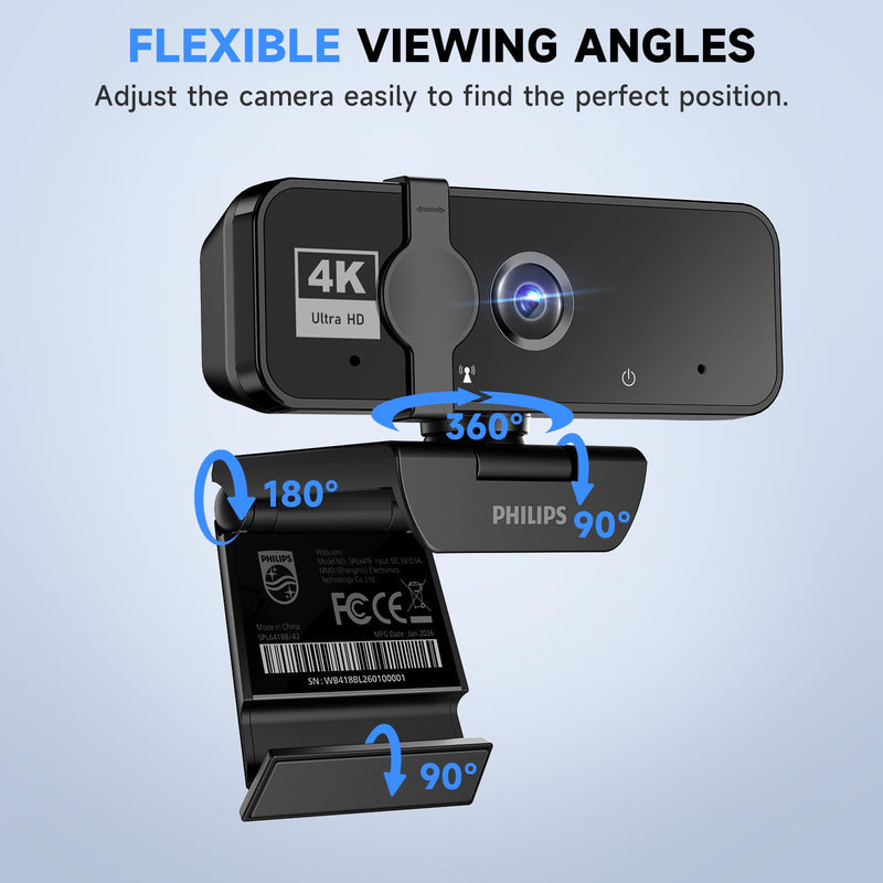 PHILIPS 4K Webcam for PC with Microphone, Computer Camera for Meetings | Plug & Play USB Web cam with Privacy Cover, for Laptop, Desktop, Zoom, Teams, Skype, Video Conferencing, Streaming, Black