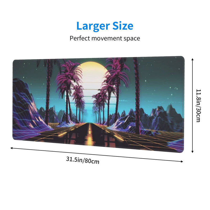 Retrowave Synthwave Large Gaming Mouse Pad XL Desk Mat Long Extended Mousepad Nonslip Rubber Base Stitched Edges Office Desktop Decor Mice Pads 31.5'' X 11.8''