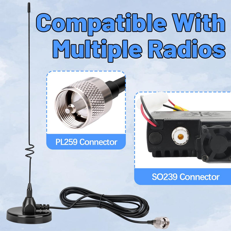 Dual Band Mobile Radio Magnetic Base Heavy Duty Mount Whip Antenna Kit with PL-259 Connector,16.4ft RG58 Cable Compatible for VHF UHF GMRS Car Truck Handheld Ham Radio Two Way Radios Antennas