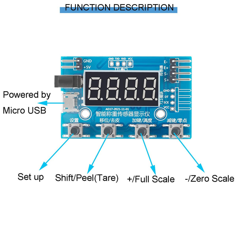 Youmile HX711 Digital Load Cell Module A/D Module Weight Pressure Sensor Display 24 Bit Weighing Device Electronic Scale Display Meter with Micro USB Cable Stand not included
