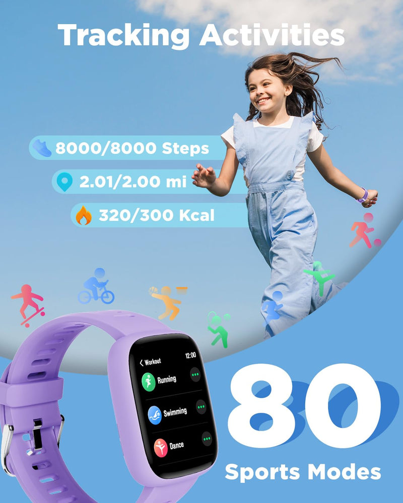 BIGGERFIVE Smart Watch for Kids, 1.8" Fitness Tracker Watch with Pedometer | Heart Rate, Sleep Monitor, IP68 Waterproof, Step Counter, Puzzle Games with/without App for Girls Teens 5-16 Lilac