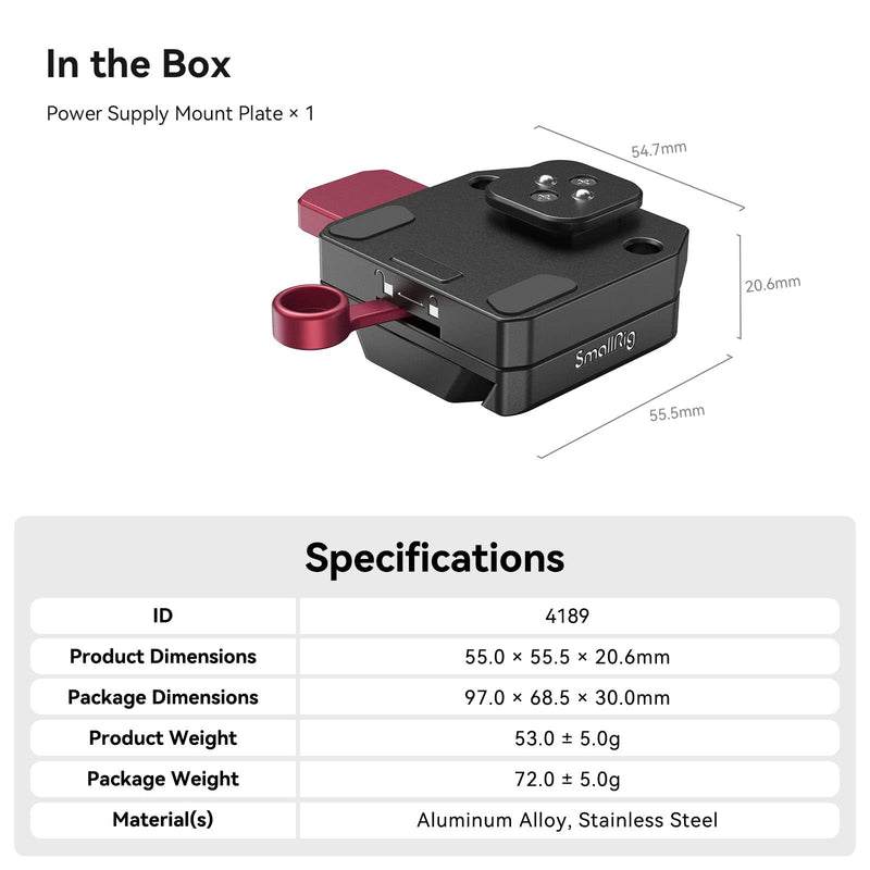 SMALLRIG Mini V Mount Battery Plate for DJI RS 3 / RS 3 Pro/RS 2 / RSC 2 Gimbals, Comes with V-Lock, Cold Shoe & 1/4"-20 Threaded Holes for V Mount Battery & NP-F Battery - 4189