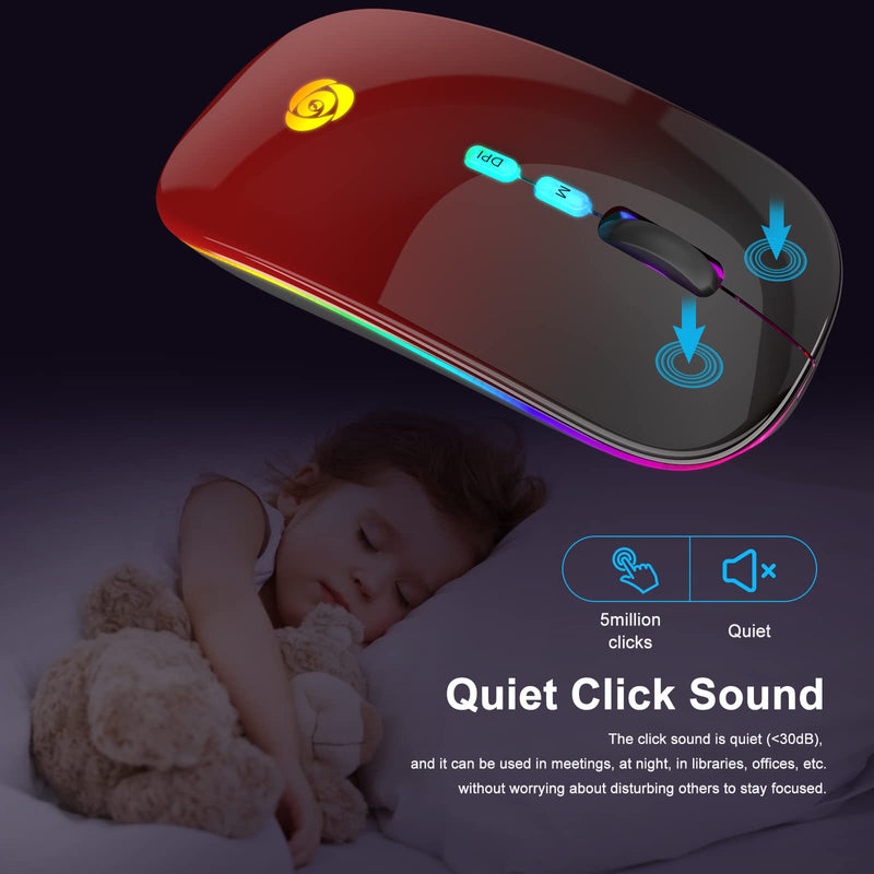 LED Wireless Mouse Bluetooth &2.4GHz Instant Connection,Rechargeable Ultra Silent Slim,3 Adjustable DPI 2 Connection Modes with USB-C to USB Adapter for Laptop/MacBook/PC/Tablet/iPad (Black-red) Black-red