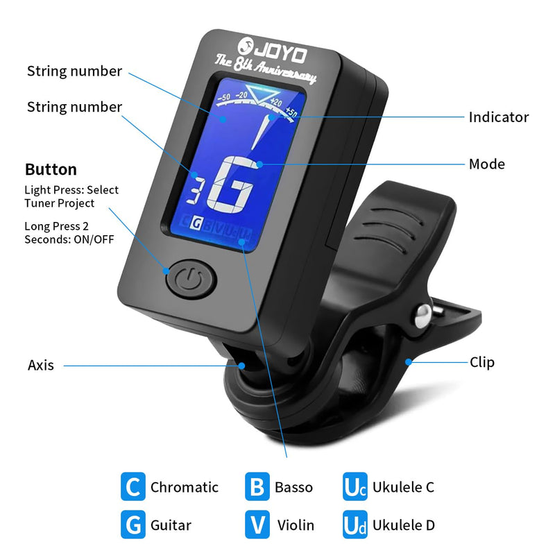 JOYO Clip on Guitar Tuner for Ukulele, Violin, Mandolin, Guitar, Bass, Digital Electronic Chromatic Tuner (JT-01, Black, 4PCS) 4