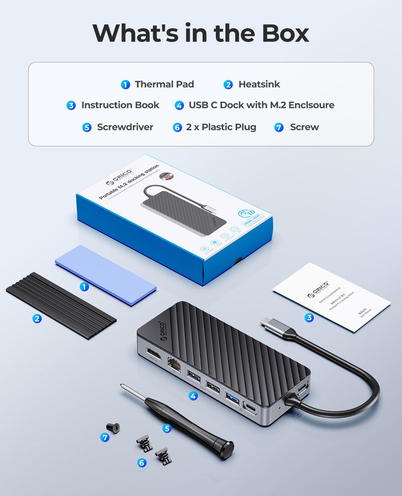 ORICO USB-C Hub with M.2 SSD Enclosure, 8-in-1 USB C Docking Station Fits M.2 NVMe/SATA SSD, 10Gbps, 4K@60Hz HDMI, 100W PD, Ethernet - OM28PR with RJ45