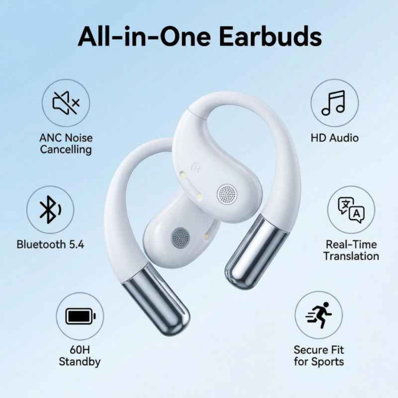 SHBQRSReal-Time Translation Wireless Bluetooth Earbuds, ANC Active Noise Cancelling Sports Headphones with 13mm Large Dynamic Driver, Open-Ear Bone Conduction Workout Earphones for iOS & Android White with AI intelligent real-time translation