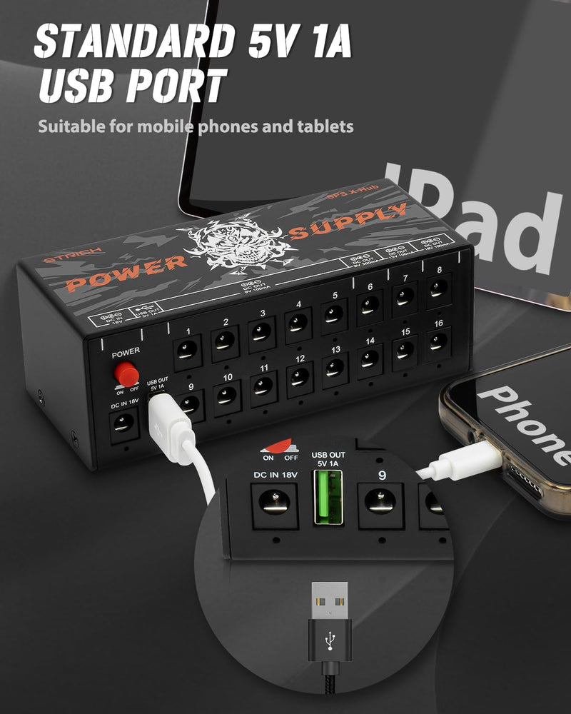 [AUSTRALIA] - STRICH SPS X-Hub Guitar Pedal Power Supply for 9V/12V/18V, 100mA - 300mA Effects Pedals, 16 Independent Outputs, Short-circuit protection and noiseless, 5V 1A USB Port Supports Mobile Devices, Tablets 
