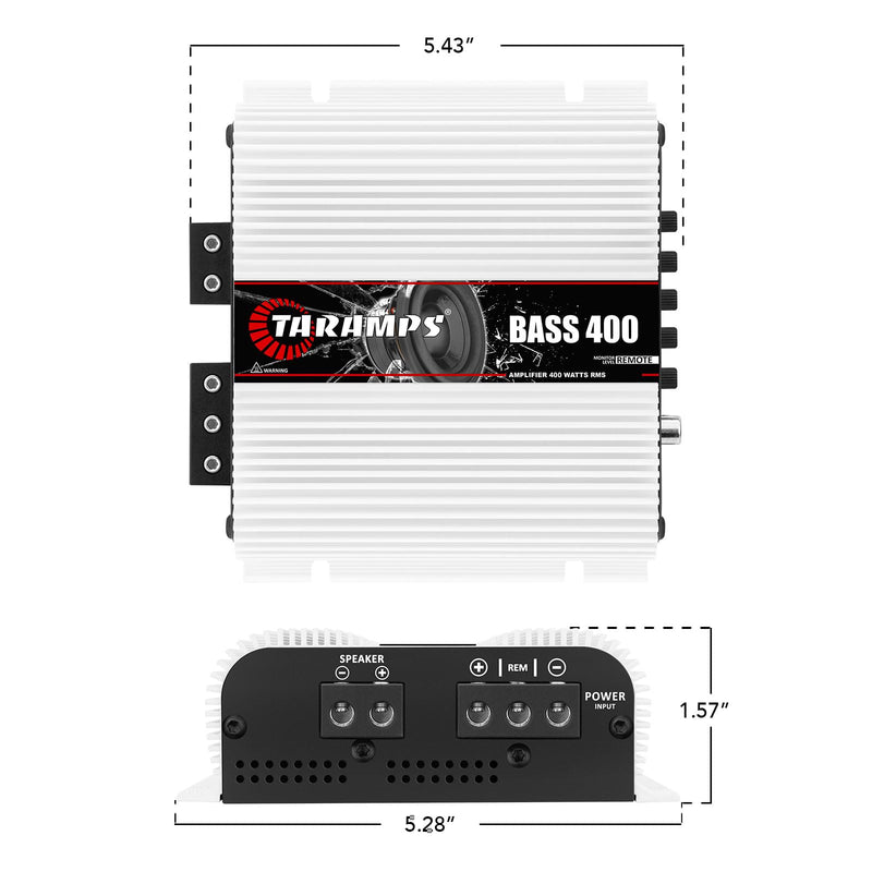 Taramps Bass 400 2 Ohms Monoblock Amplifier 400 Watts Rms 1 Channel 14.4VDC Out Power Full Range, Great for Sub/Bass - Rca/High Level Input, Car Audio