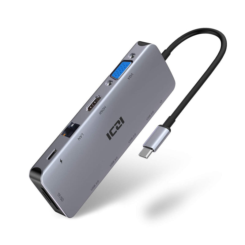 USB C Hub ,Type C Hub ,ICZI 11 in 1 Adapter with Ethernet ,4K USB C to HDMI,VGA, 2 USB 3.0 2 USB 2.0, SD/TF Card Reader,Mic/Audio,USB C Pd 3.0, Compatible for Mac Pro and Other Type C Laptops