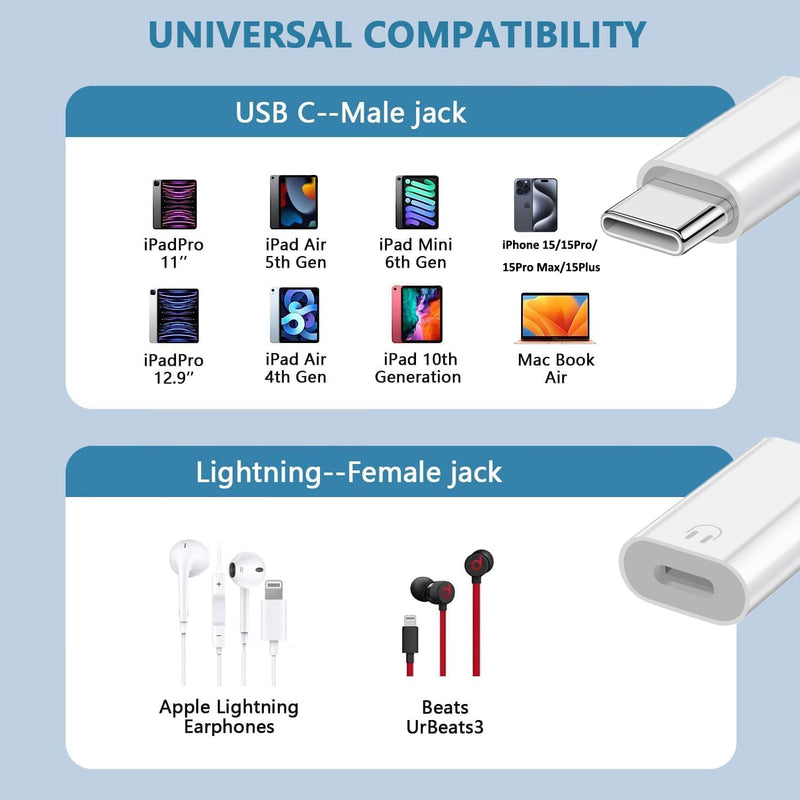 USB C to Lightning Audio Adapter, USB Type C Male to Lightning Female Earphone Converter Compatible with iPhone 16/16Pro/15/15Pro, iPad Pro, iPad Air 6/5/4, MacBook and More (Audio Only, No Charge) White