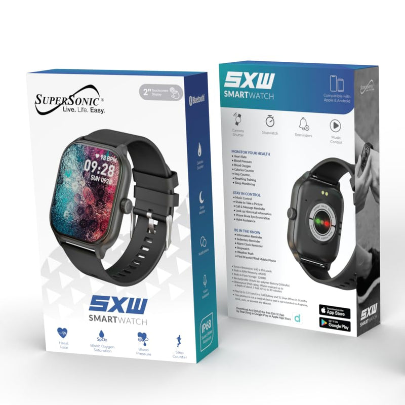 Supersonic SC-181SW 2-inch Touch Screen Smartwatch with Heart Rate Monitor, Blood Pressure, Oxygen Levels, Calories, Steps, Sleep Monitoring, Voice Assistance & IP67 Waterproof Fitness Tracker