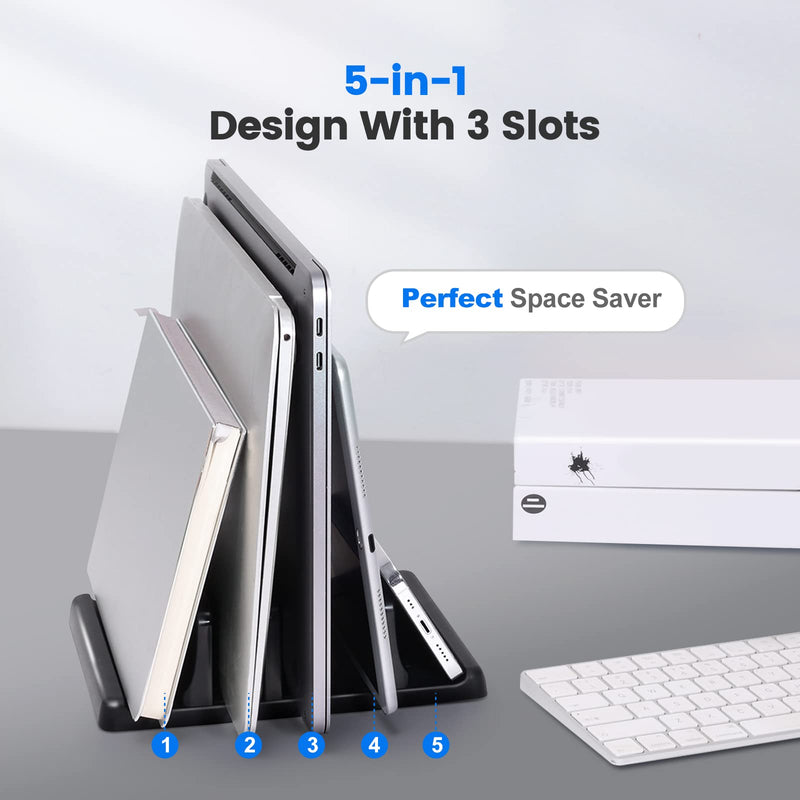 Vaydeer 3-Slot Vertical Laptop Stand Made of Premium ABS Plastics 5 in 1 Design Space-Saving Adjustable Desk Organizer for All MacBook/Chromebook/Surface Three Slot Black