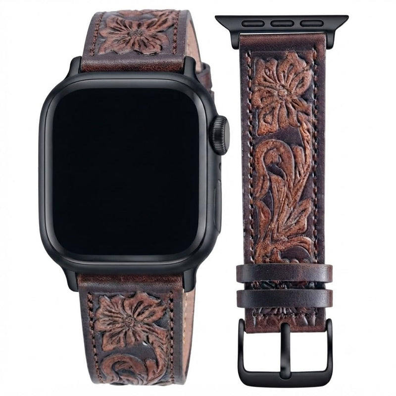 Tooled Leather Band Compatible with Apple Watch Ultra 3 2 1 & Series 11/10/9-3 SE, 3D Floral Western Strap for Men Women Antique Walnut / Black 44/45/46/49mm Ultra/42mm(S 1/2/3)