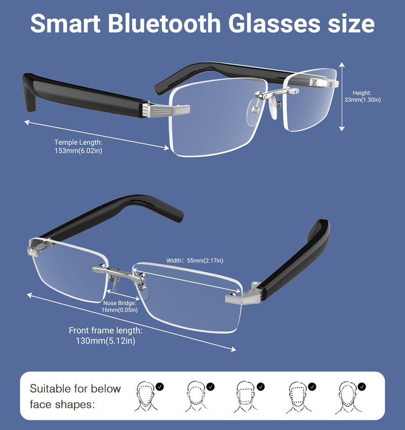 AI Smart Bluetooth Glasses for Men and Women with Chat GPT, Translation Glasses with 115 Languages and Rimless Photochromic Lens, Hands-Free Calls, UV Protection Translator Sunglasses for Music, work Black Temples Photochromic Lenses