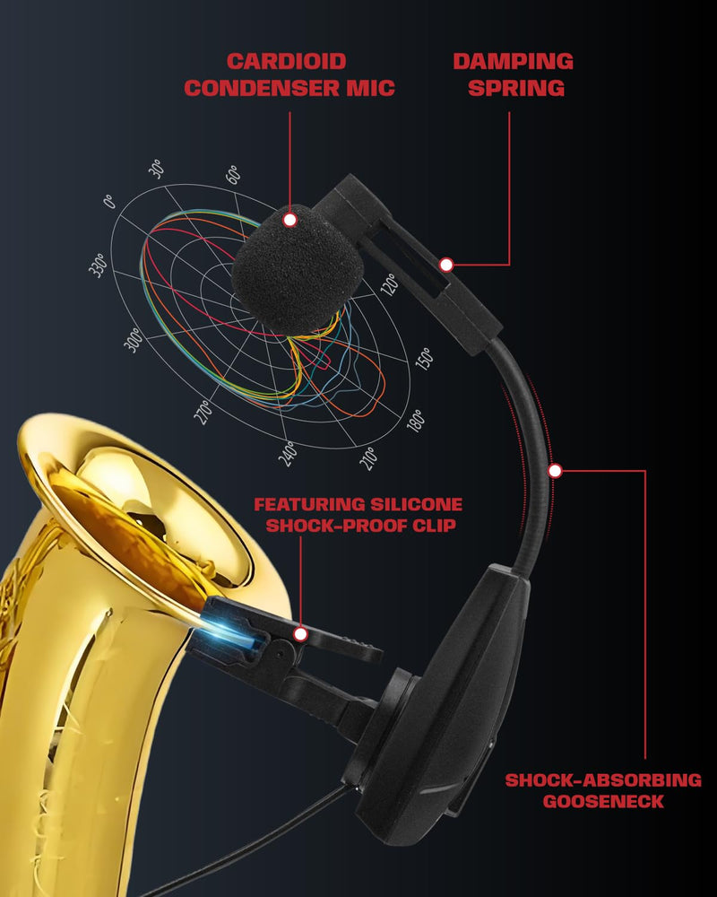 [AUSTRALIA] - Saxophone Microphone, UHF Rechargeable Wireless Instruments Microphone System with Transmitter and Receiver 196ft Range, Clip on Condenser Mic for Trumpet, Trombone, Saxofon, Most Brass Instruments U-720 Saxophone Microphone 