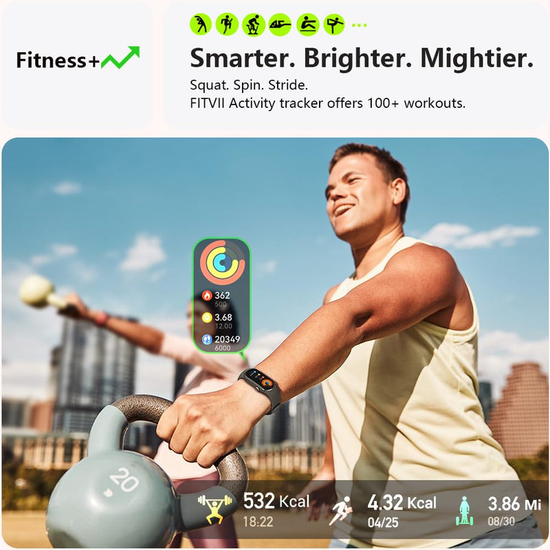 FITVII Slim Fitness Tracker AMOLED with Blood Oxygen, Blood Pressure, 24/7 Heart Rate and Sleep Tracking, IP68 Waterproof Activity Trackers and Smart Watches with Step Tracker, Pedometer for Women Men