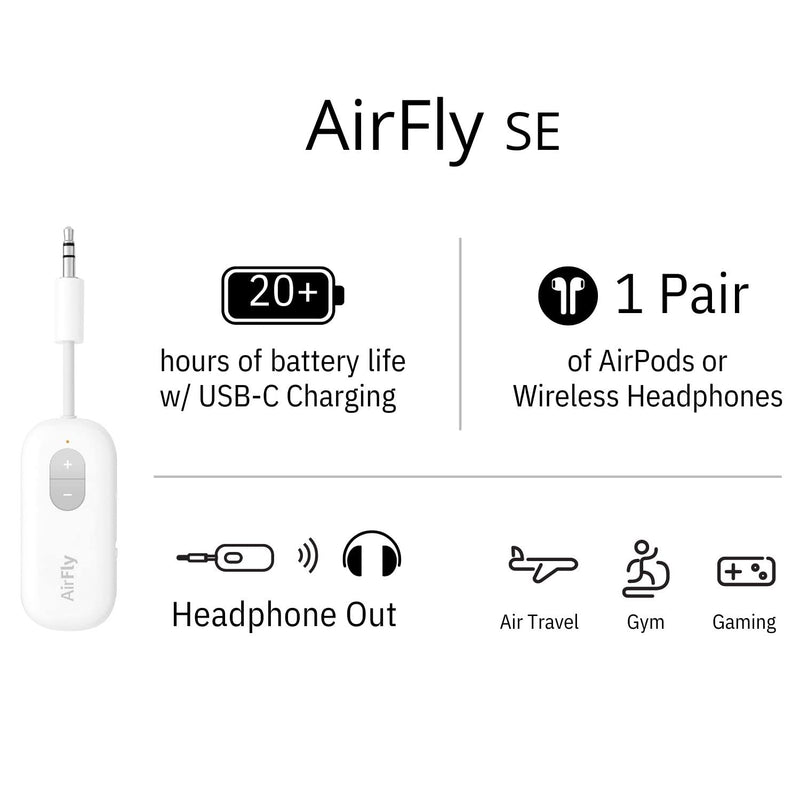 Twelve South AirFly SE Bluetooth Wireless Audio Transmitter Receiver for AirPods or Wireless Headphones - Use with Any 3.5 mm Audio Jack for Airplanes, Gym Equipment, TVs, iPad/Tablets and Auto White