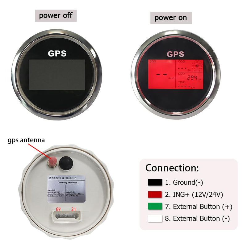 3 3/8" Diameter Auto Digital GPS Speedometer 0-999 MPH KM/H Knots Odometer Adjustable with 7 Backlights 12VDC 24V for Motorbike Boat Truck Racing Car (Black&Silver) Black&Silver