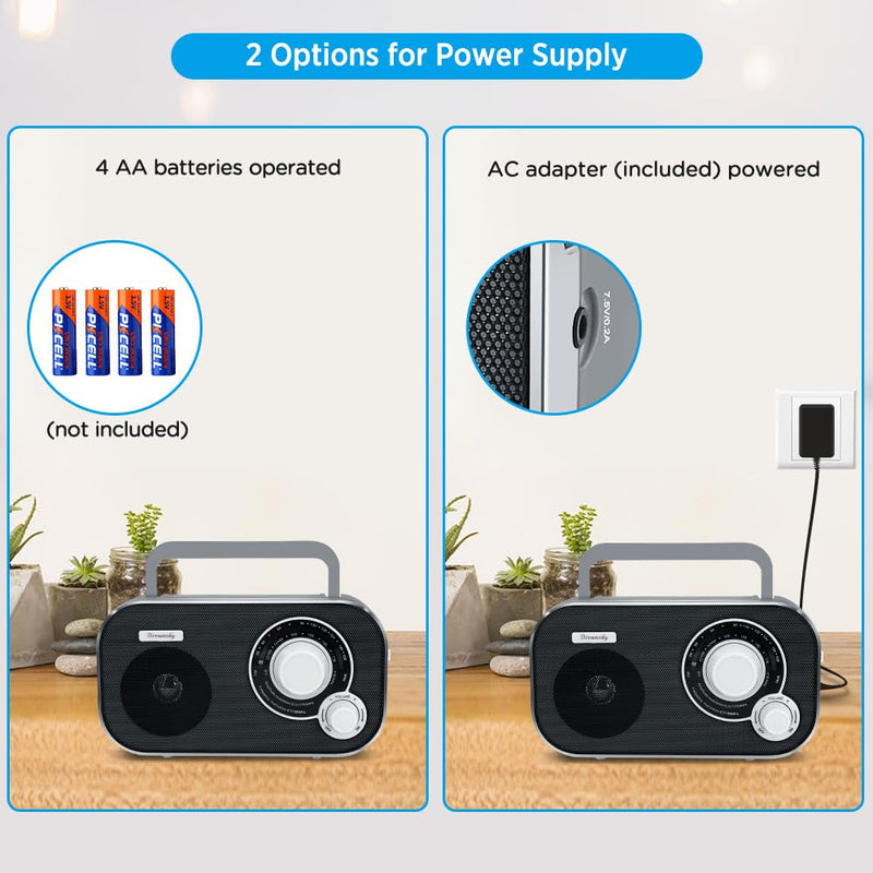 DreamSky AM FM Portable Radio Plug In Wall or Battery Operated for Home & Outdoor, Strong Reception & Sound, Large Dial Easy to Use, Transistor Antenna, Headphone Jack, Small Gifts for Seniors Elderly Grey