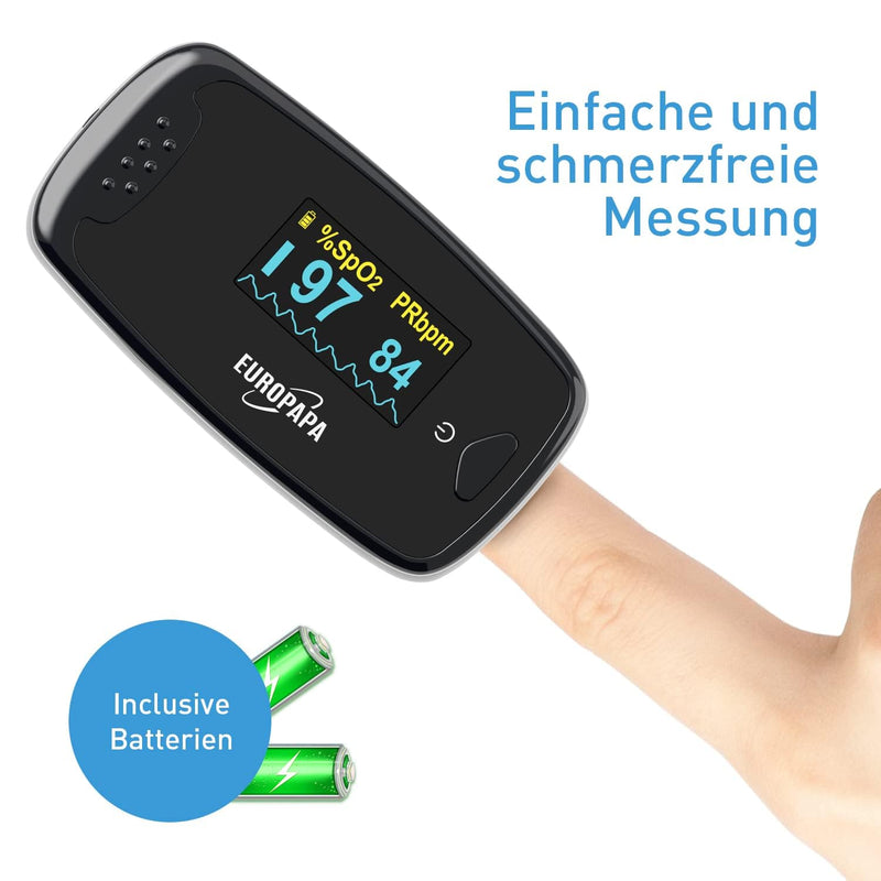 EUROPAPA Pulse Oximeter, Finger Pulse Oximeter, Ideal for Quick Measurement of Oxygen Saturation (SpO2), Simple Heart Rate Monitor for Adults, OLED Display (Black) black