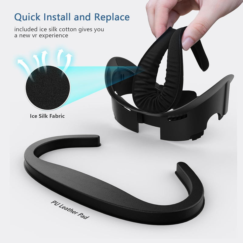 AMVR Face Cover Pad Facial Interface Compatible with Meta/Oculus Quest 3 Accessories,with Soft PU Face Cushion Pad Replacement for Quest 3 and Breathable Ice Silk Cotton(Not for Official Charger Dock) Facial Interface with Ice Silk and PU Pad
