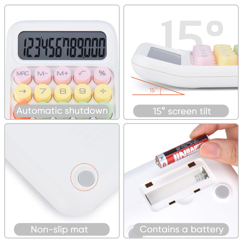 Mechanical Pushbutton Calculator,12 Digit Large LCD Display,Big Buttons Easy to Press,Colorful Candy Calculator,Automatic Sleep,with Battery.for Office,School, Home. (White) white