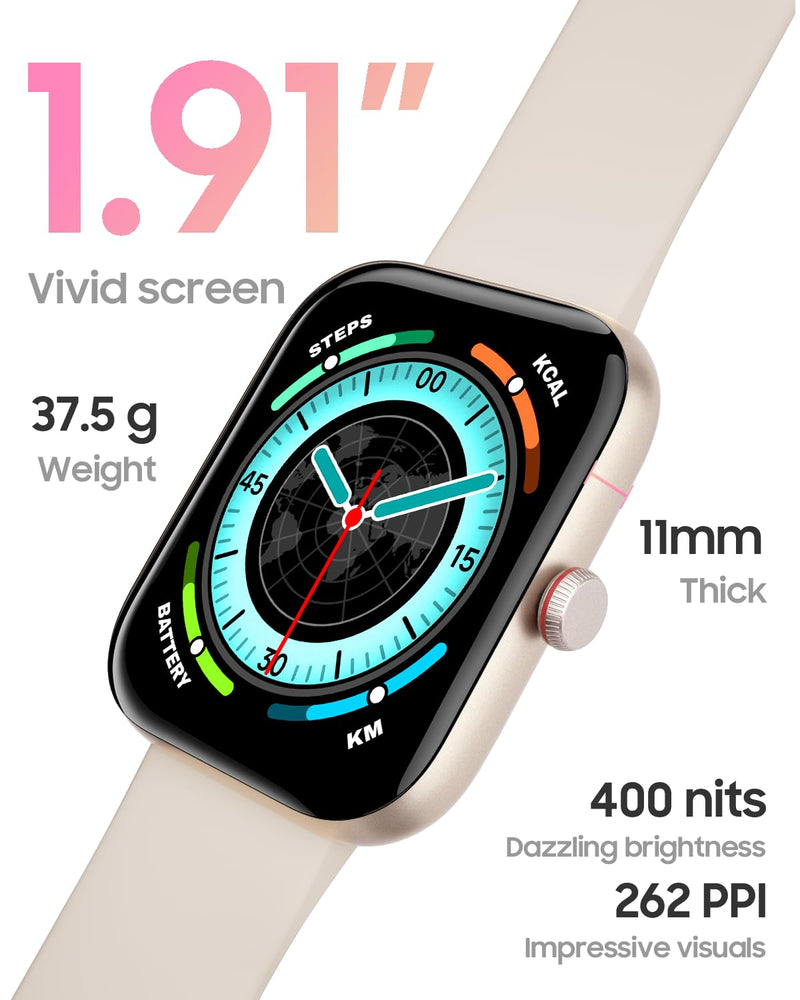 1.91" Smart Watch for Women with ALEXA, Fitness Watch for Android iOS Phone | Call Function, Message Notifications, Pedometer, IP68 Waterproof, Heart Rate, Sleep Monitor, 100 Sport Modes, 100 Watch Faces Beige