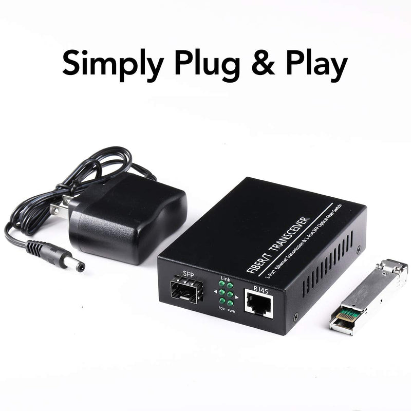 A Pair of 1.25G/s Bidi Gigabit Single-Mode Fiber Ethernet Media Converter with 2PCS Bidi SFP LC Transceiver Module Included, 10/100/1000Base-Tx to 1000Base-SX SMF RJ45 to SFP Slot up to 30KM Include SingleMode LC Single Core Port