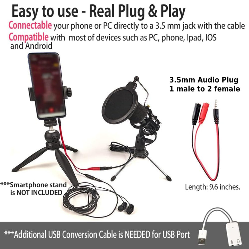 Japard Gaming USB Microphone for PC High Sensitivity, Mini Condenser 3.5 mm Plug for iPhone iPad Android, Broadcast Music Recording Set for Computer Meeting Podcast