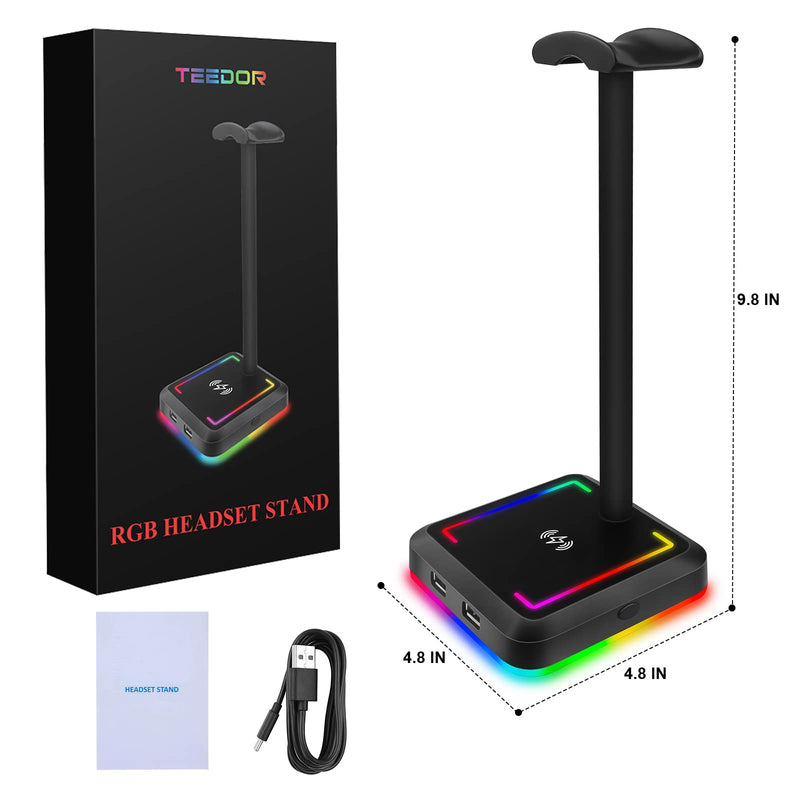 Headphone Stand with Wireless Charger TEEDOR RGB Gaming Headset Holder Hanger Rack with 10W/7.5W QI Charging Pad & 2 USB Charger Ports for Desktop PC Game Earphone Accessories, Black