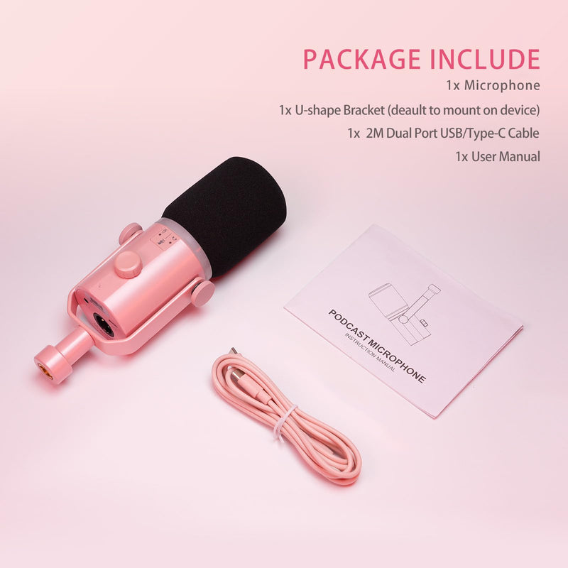 FEELWORLD PM1 XLR USB Dynamic Microphone Gifts for Podcast Recording PC Computer Gaming Live Streaming Vocal Voice-Over, Studio Metal Mic with RGB Light, Mute Button, Headphones Jack (Pink) Pink