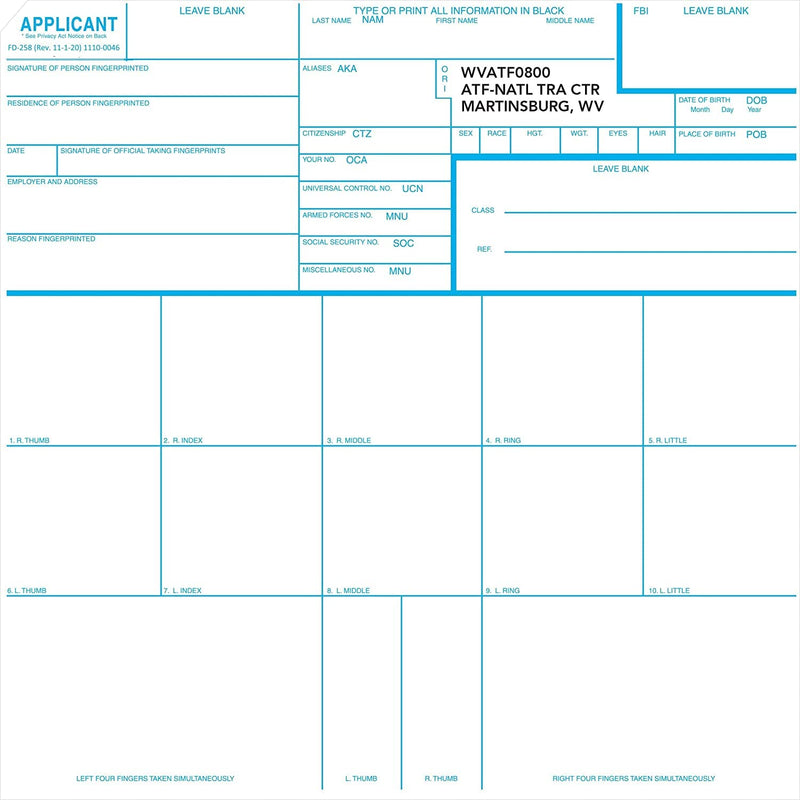 FD-258 ATF NFA Fingerprint Cards with Thumbprint Ink Pad for Fingerprinting Brace, SBR, Silencer
