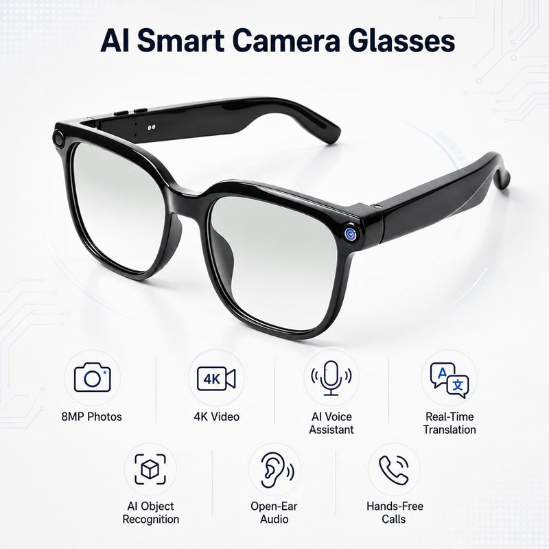 4K Camera AI Smart Glasses for Men Women, Bluetooth Video Audio Sunglasses,Video&Photo Recording Glasses AI Assistant,Wearable Eyeglasses for Vlogging, Travel, Business