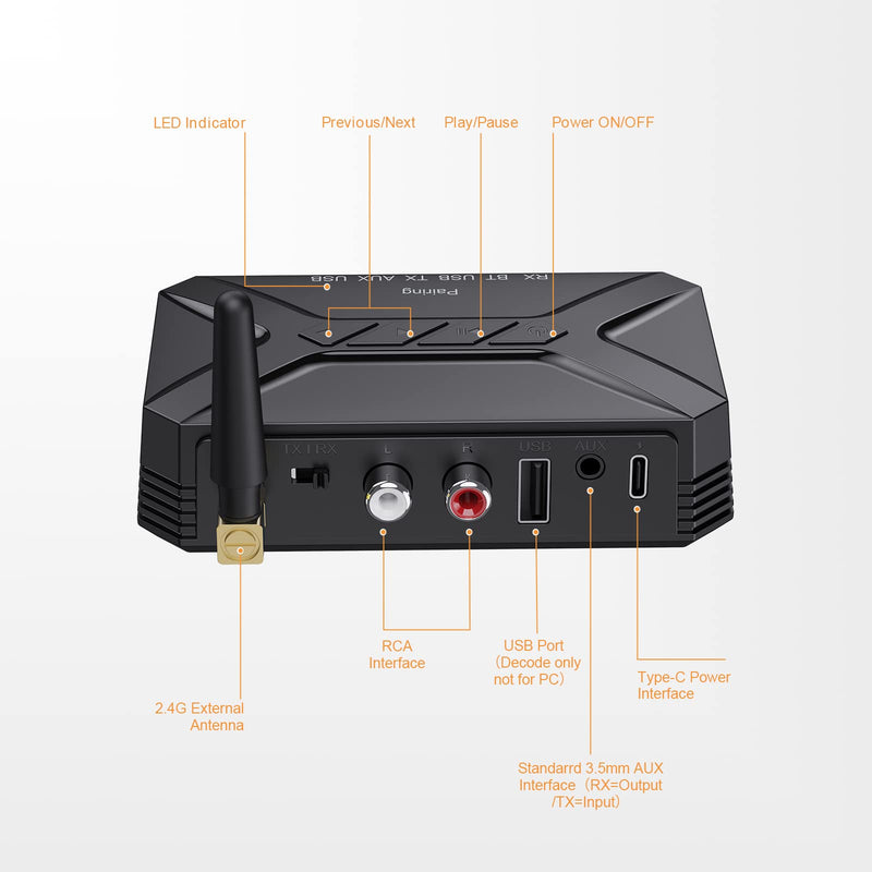 JXTZ Bluetooth Transmitter Receiver, 3 in 1 Bluetooth 5.0 Aux Audio Adapter with USB/RCA/AUX Output for Music Streaming Sound System, Bluetooth Receiver for Home Stereo/TV/Car/PC/Headphone/Speaker Black