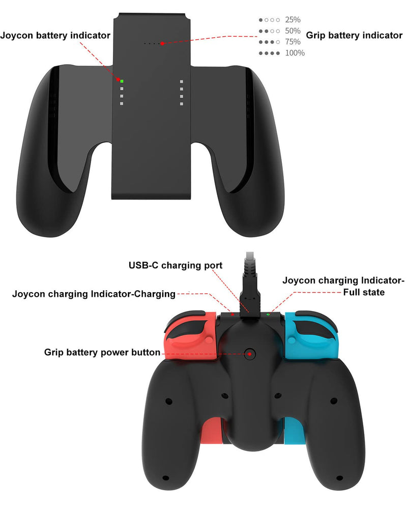 [AUSTRALIA] - KINVOCA Charging Grip with 2000mAh Battery, 2-in-1 Comfort Grip for Nintendo Switch Controller, Controller Charger with 32in USB-C Cable, Power & Charge Indicators, Overcharge Protection Grip for Original Controller ONLY(2000mAh Battery) 