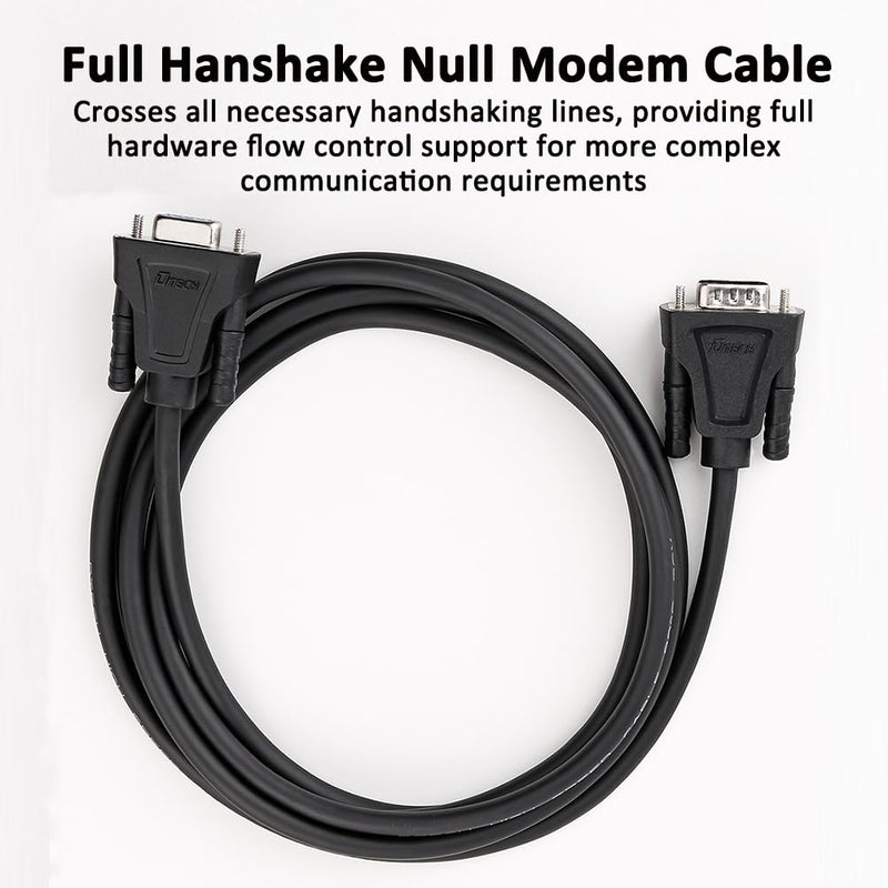 DTech DB9 RS232 Serial Cable Male to Male Null Modem Cord Full Handshaking 7 Wire Crossover for Data Communication Compatible with Computer Network Switch Router (1.5 Feet, Black) 1.5ft