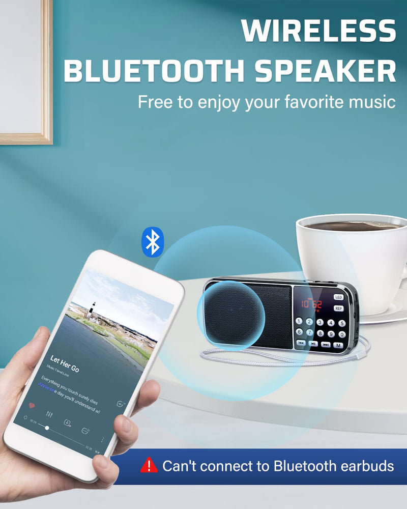 PRUNUS J-189 Bluetooth AM FM Radio, Small Portable Radio - Dual Speaker Heavy Bass, LED Flashlight, Pocket Size, TF Card USB AUX MP3 Player, Rechargeable Battery Operated Small Radio(Black) Black