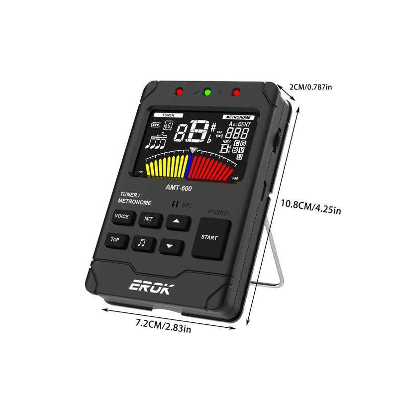 EROK Digital Metronome & Tuner - All-in-One Rechargeable Device with Stereo Headphone Output, Voice Counting, Ideal for Guitar, Bass, Violin & String Instruments(Black) Black
