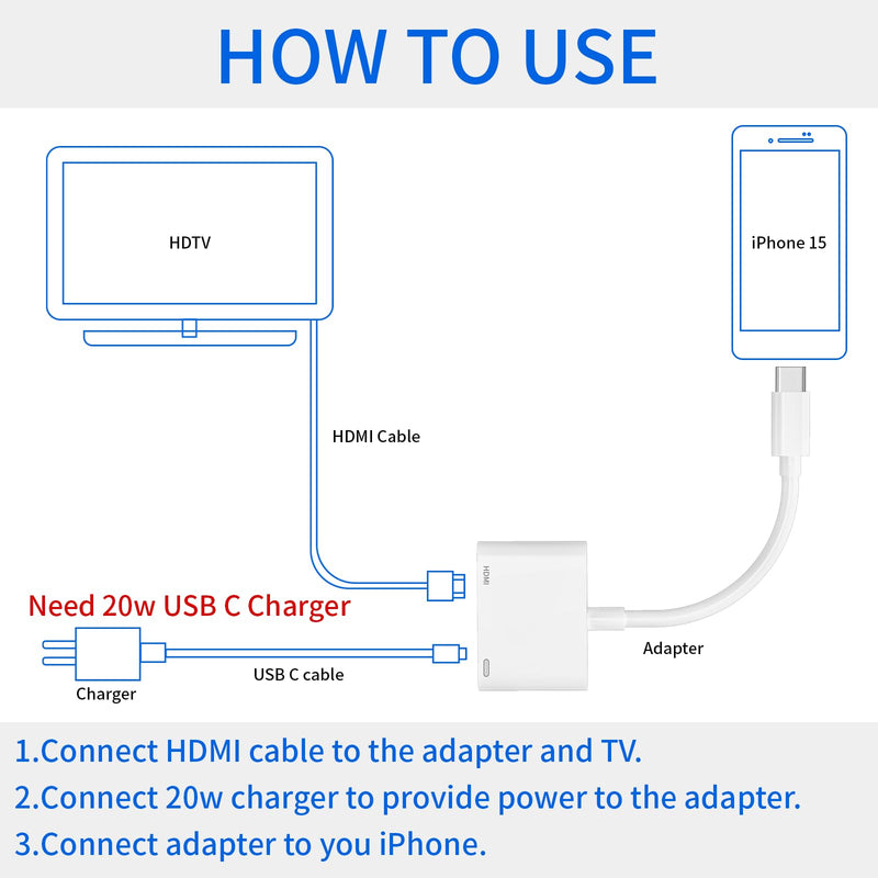 USB C to HDMI Adapter for iPhone 15,1080P Video & Audio Sync Screen Converter Digital AV Adapter with Charging Port for iPhone 15/15Pro/Max,MacBook Pro/Air 2023,iPad Pro,iMac,S23,XPS 17,Surface Book 3