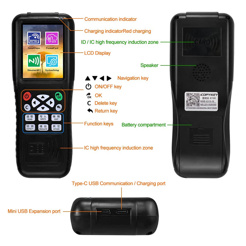 Multi Frequencies RFID Reader Writer Duplicator, RFID Smart Card Programmer, Access Control Card Decoder, with Writable Key Fobs Cards, Free Software, Only Work for Access Control Cards