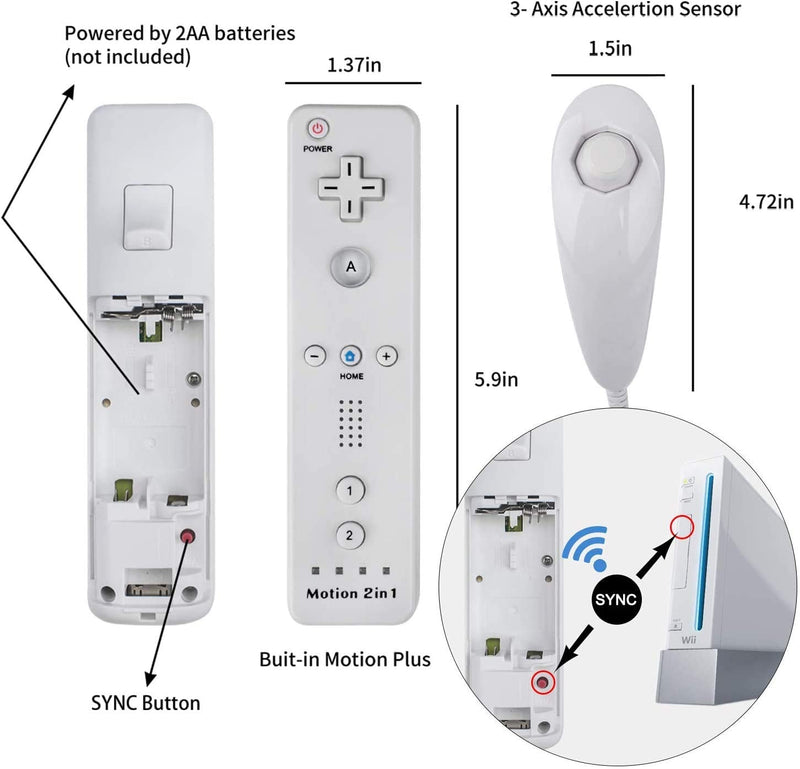 Motion Plus Wii Controllers 2Packs with Nunchucks, Wii Remote Controllers Compatible for wii and Wii U with Built in Motion Plus Black&White