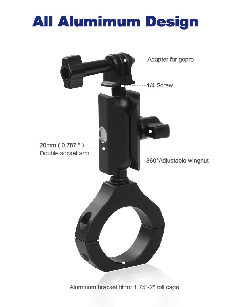 UTV Camera Mount for 1.75"-2" Roll Bars - Compatible with GoPro, Mevo Start & More - Easy to Install Action Camera Accessories on Polaris RZR, Can Am - Durable Alu Alloy Made & 360° Rotation