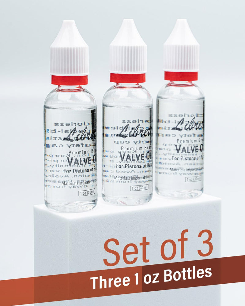 [AUSTRALIA] - Libretto Brass Valve Oil, Set of 3, Safety Cap, Premium Lubricant, Long-Lasting, Smooth, Odorless, Special-Blended Synthetic Formula, 1 oz (30ml) Valve Oil (3 pack) 