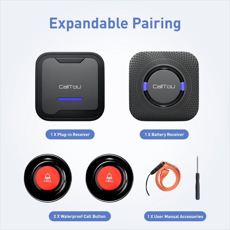 CallToU Wireless Caregiver Pager Call Button Nurse Calling Alert System Call Bell Elderly Patient Disabled with 2 Transmitters 1 Plug-in Receiver 1 Battery Portable Receiver 2 Call Buttons & 2 Receivers