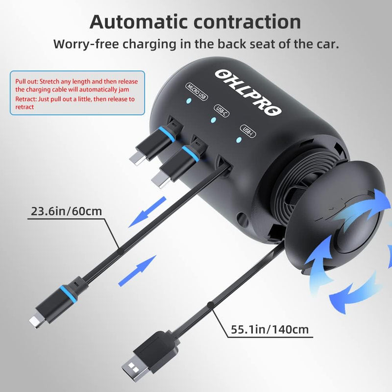 OHLPRO Multi Car Retractable Backseat 3 in 1 Car Charging Station Box Compatible with All Phones | iPhone | Samsung | Uber Taxi Lyft Turo Ride Share Customer Charging Dock Attach to Headrest Car Adapter | 3-IN-1 Charging Station