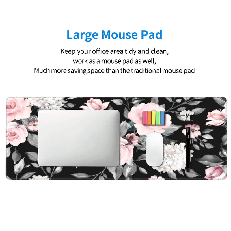 Floral Extended Gaming Mouse Pad Non-Slip Rubber Base Black Large Mousepad 31.5x11.8in with Stitched Edge Waterproof Pink Peony Flowers Pads Computer Black Desk Laptop Mats for Work/Game/Office/Home Flower